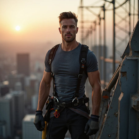 Portrait of a strong climber on the bridge with sunrise background.の素材
