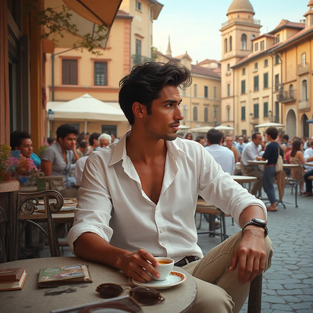 Handsome young man drinking coffee in a cafe in Rome, Italyの素材
