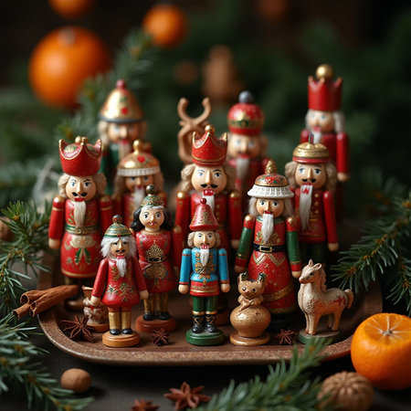 Christmas and New Year decoration with traditional wooden toys on rustic backgroundの素材