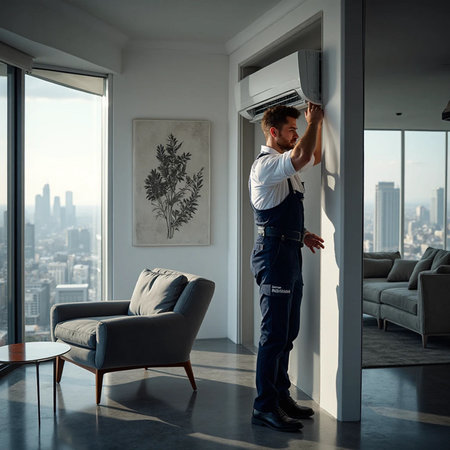 Man adjusting air conditioner in modern apartment. He is standing near the window.の素材