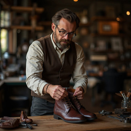 Leather craftswoman working in a leather workshop with his shoesの素材