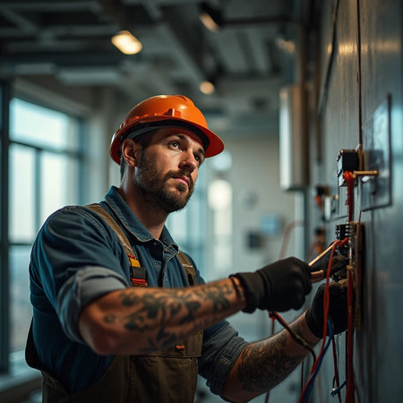 Portrait of a tattooed electrician working in a workshop.の素材