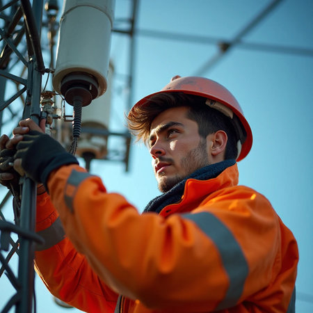 Portrait of a male electrician on the background of high-voltage substation.の素材