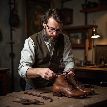 Leather craftman working on a leather shoe in his workshop.の素材