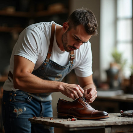 Handsome caucasian male shoemaker working in his workshopの素材