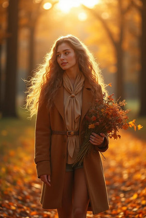 Beautiful young woman walking in autumn park and holding bouquet of flowersの素材
