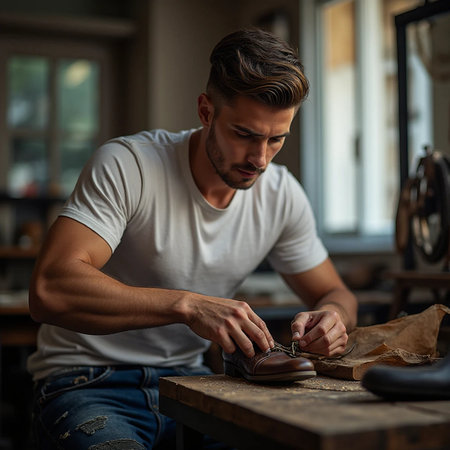 Handsome young man in white t-shirt and jeans working in leather workshopの素材