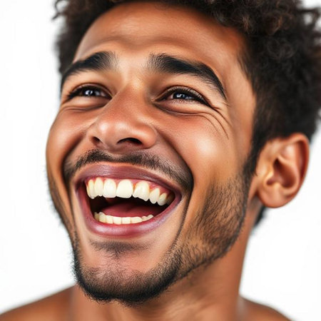 Close up portrait of a young African American man laughing against white backgroundの素材