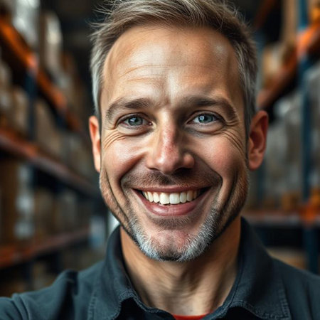 Portrait of a handsome smiling man working in a warehouse, looking at camera.の素材