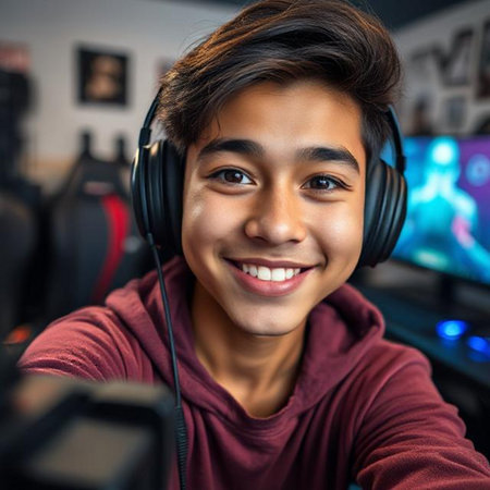 Teenage boy playing video games on a computer and smiling at the cameraの素材