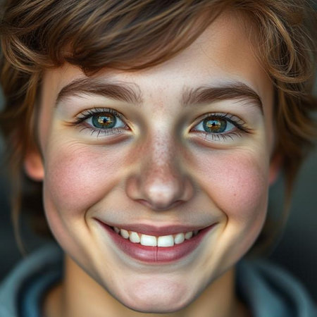 Portrait of a smiling boy with freckles on his faceの素材