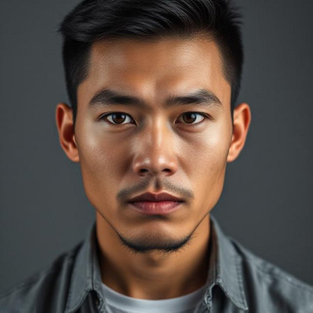 Portrait of young Asian man looking at camera on gray backgroundの素材