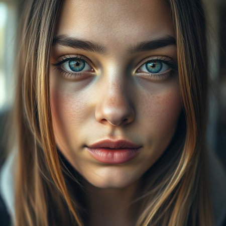 Close up portrait of a beautiful young woman with blue eyes looking at cameraの素材