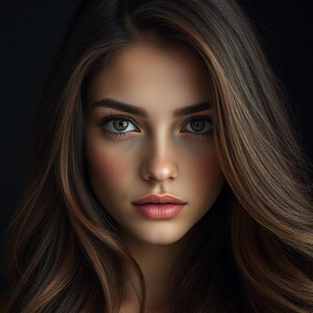 Beautiful young woman with long brown hair and bright make-upの素材