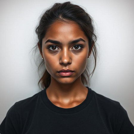 Portrait of a young woman in black t-shirt on gray backgroundの素材