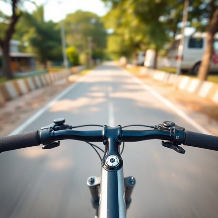 Bicycle handlebar on the road in the park with blur backgroundの素材