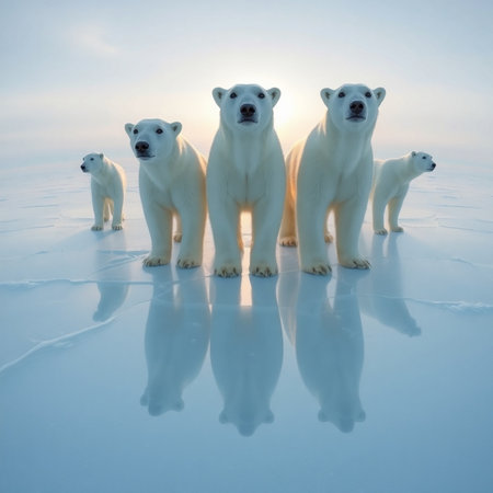 Polar bear (Ursus maritimus) mother and cub on ice, north of Svalbard Arctic Norwayの素材