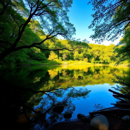 Lake in the forest with reflection of trees and blue sky. Nature composition.の素材