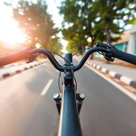 Bicycle handlebar on the road in the park at sunset.の素材
