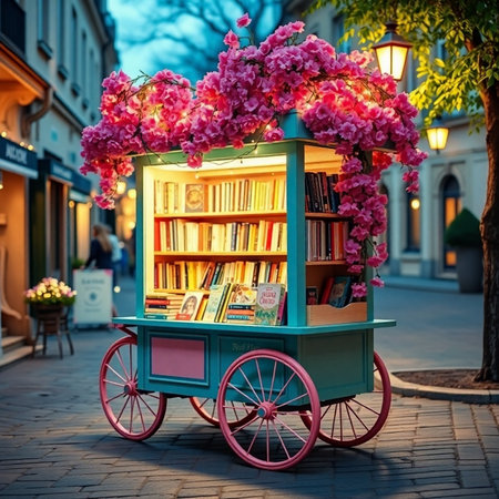 Vintage cart with books and flowers on the streets of old Tallinn, Estoniaの素材