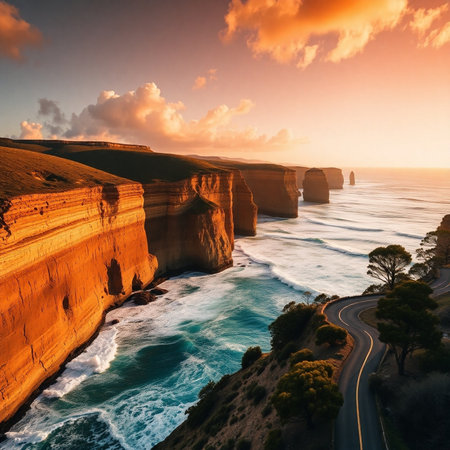 Aerial view of the Twelve Apostles at sunset, Victoria, Australiaの素材