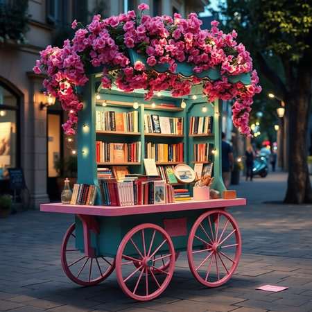 Vintage book cart with books and flowers in the city at nightの素材