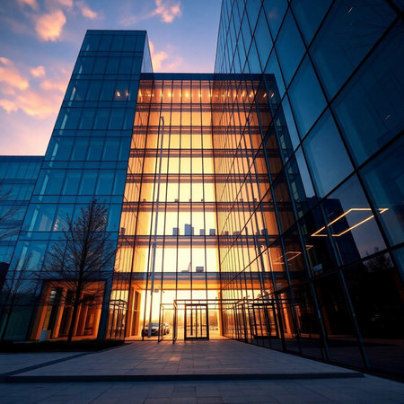 Modern office building with glass facade at sunset. Perspective view of modern office building.の素材