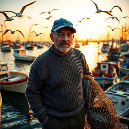 Portrait of an elderly man with fishing net and seagulls in the backgroundの素材