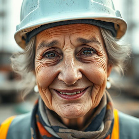 Portrait of an elderly woman in a hard hat on a construction siteの素材