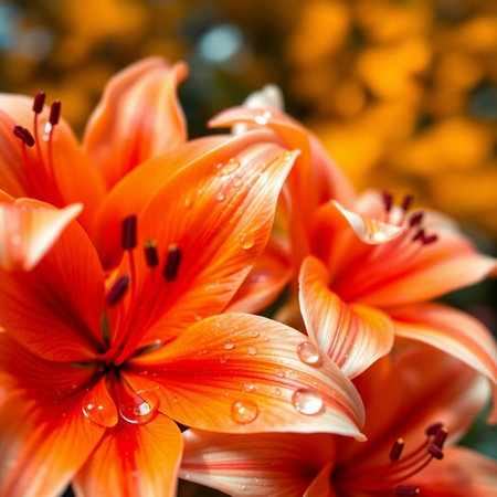 Beautiful orange lily flowers with water drops on petals.の素材