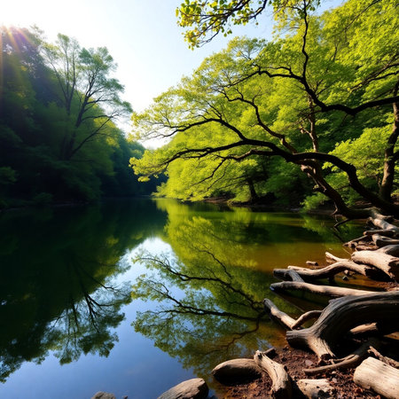 Beautiful landscape of green forest and lake with reflection in water.の素材