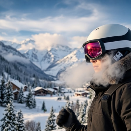 Young woman in ski suit smoking a cigarette on the background of mountainsの素材