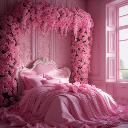 Pink bedroom interior with pink flowers on the bed. 3d renderの素材