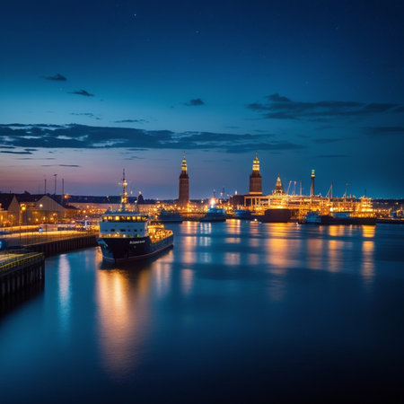 Hamburg city skyline at night. Germany. Long exposure.の素材