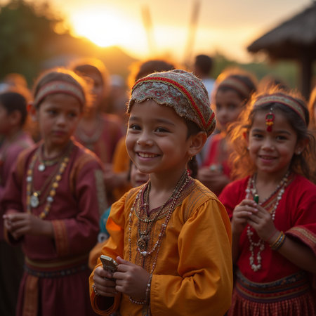 Unidentified children in traditional clothes at the Holi festival.の素材