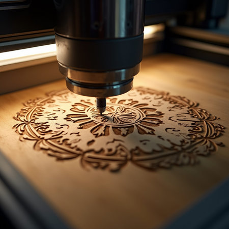 Close up of CNC milling machine cutting wooden plank. Small depth of field.の素材