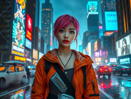 Beautiful asian woman with bright pink hair in the city at nightの素材