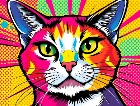 Colorful cat head in pop art style on colorful background. Vector illustration.の素材