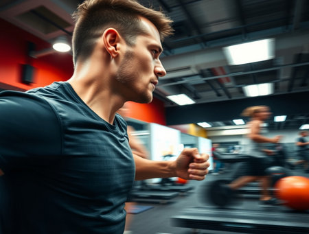Side view of young man running on treadmill in gym. Toned imageの素材
