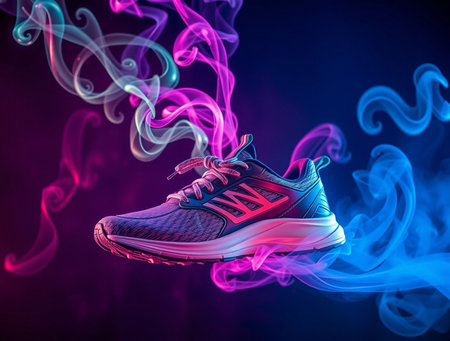 Conceptual image of running shoes with colorful smoke on dark backgroundの素材