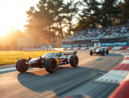 3D rendering of a formula 1 race car on track during sunsetの素材
