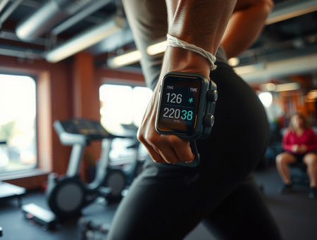 Close up of male athlete using smart watch while training in the gymの素材