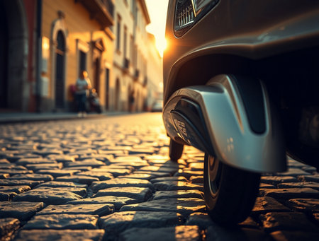 Close up of a modern car parked on a cobblestone street.の素材