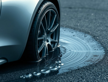 Close-up of the wheel of a sports car in a puddleの素材