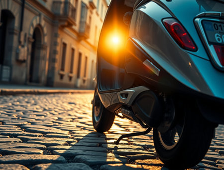 Electric scooter parked on a cobblestone street at sunset.の素材