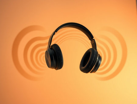 Headphones on orange background with shadow. Music concept. 3D Renderingの素材