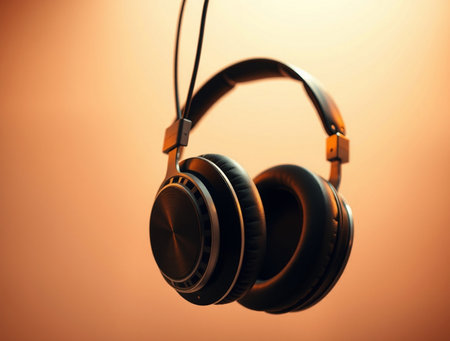 Headphones on a yellow background. Music concept. Close up.の素材