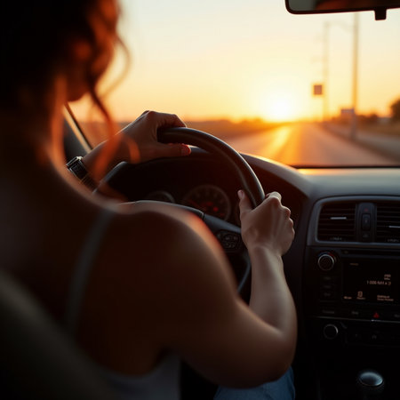 Young woman driving a car on the road at sunset, rear viewの素材