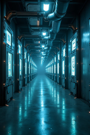 Interior of a corridor with blue lights and glass doors. 3D renderingの素材