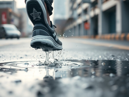 Close-up of male feet in sneakers splashing water from puddleの素材